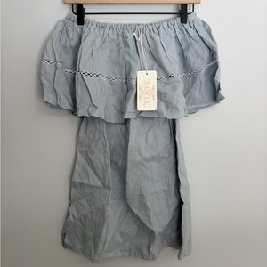 Off-Shoulder Light Blue Linen Blend Women's Dress